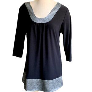 Marc Bower Scoop Neck Pinch Pleat Tunic Top Black Silver Metallic Trim Sz M #54B